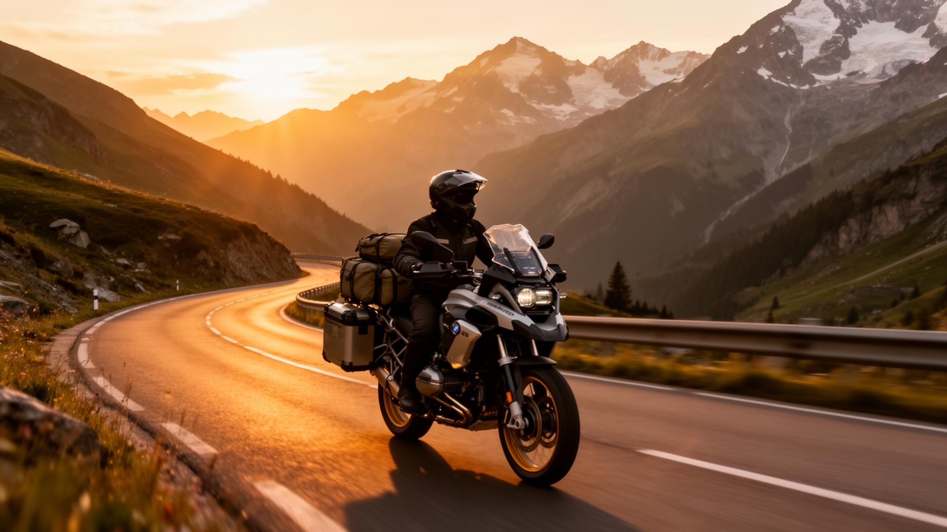 Motorcyclist riding a winding mountain road at sunset